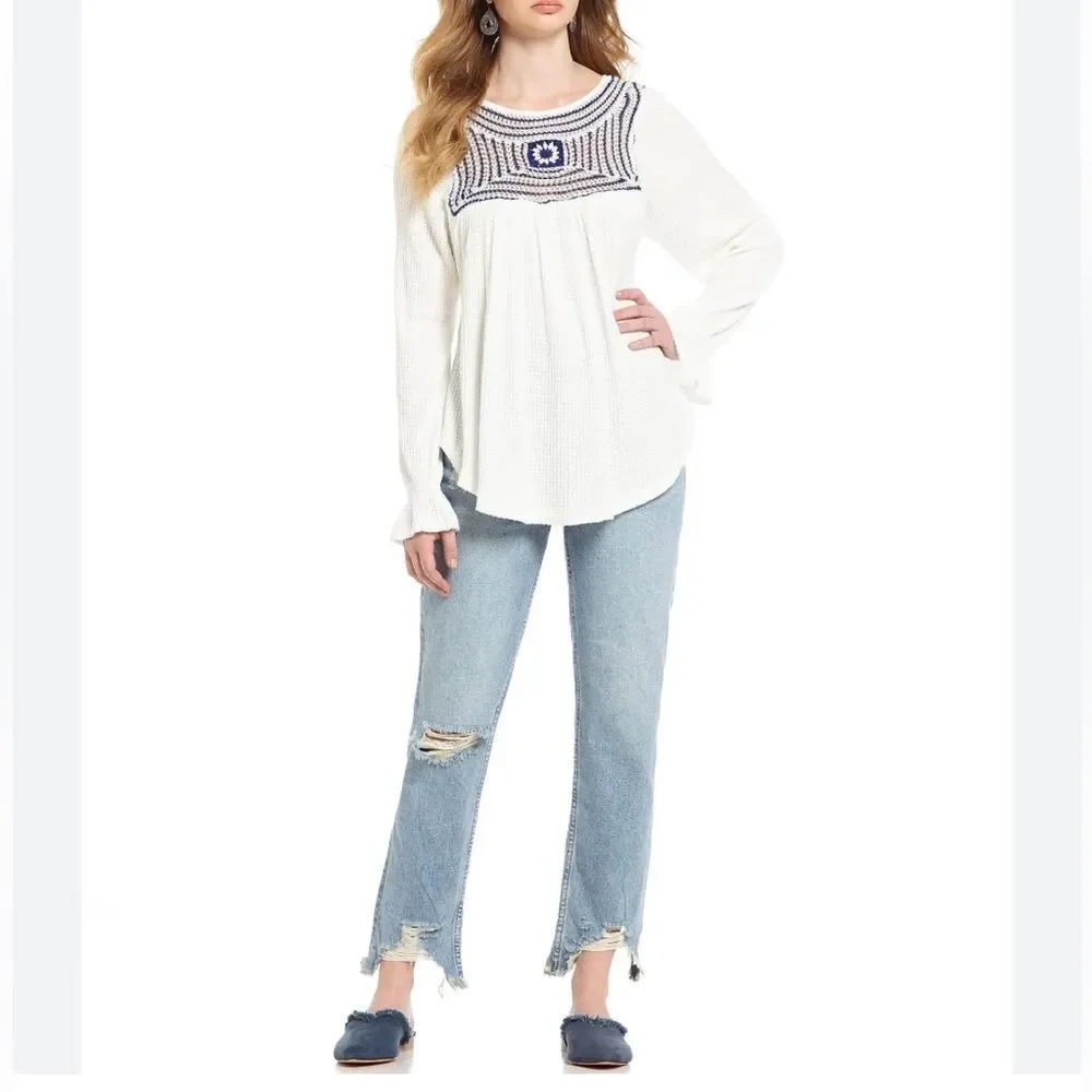 Free People Soul Mate Knit Hi-Lo Thermal Long Sleeve Top, Blue/White, Size Small